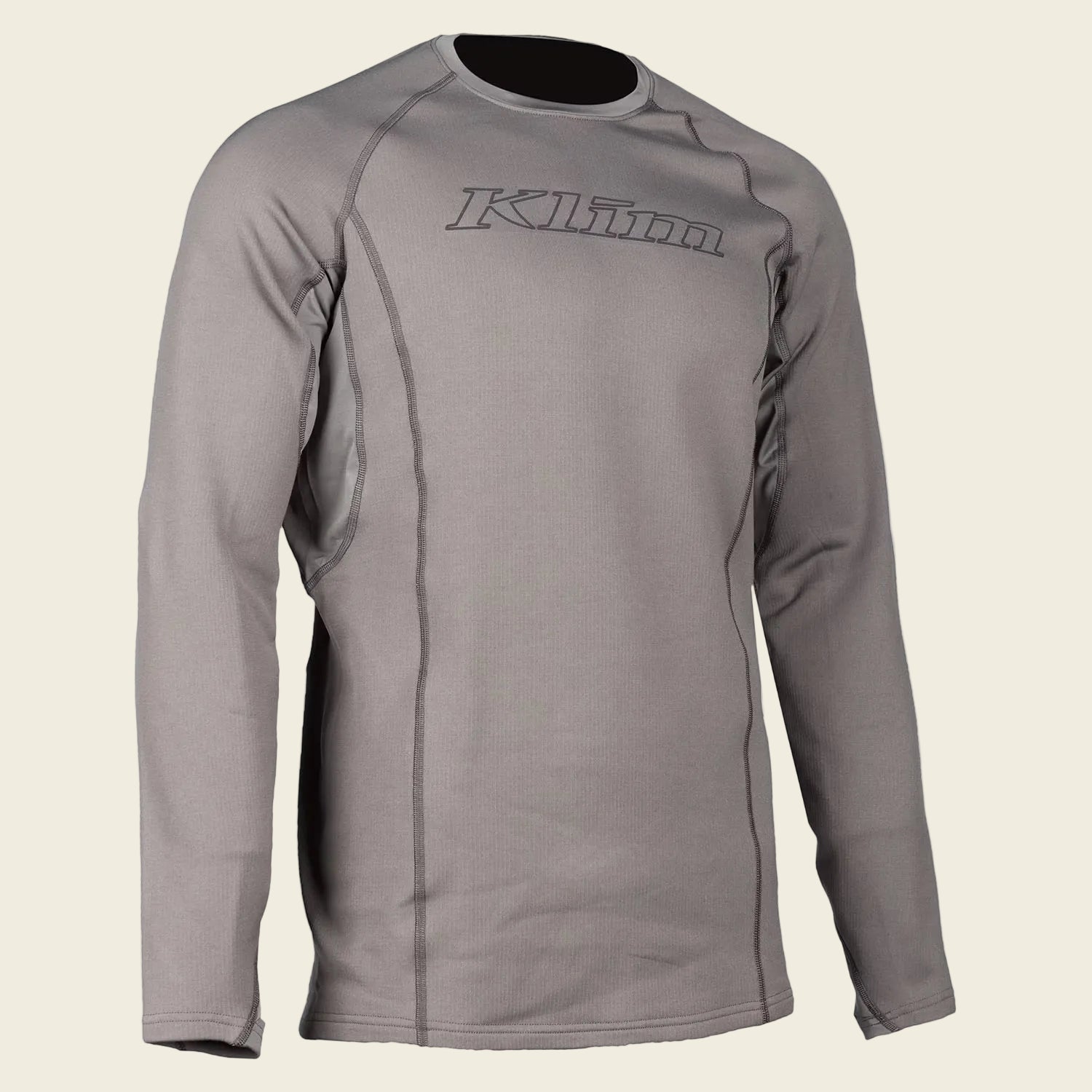 Gray long-sleeve shirt with 'Klim' logo on a white background