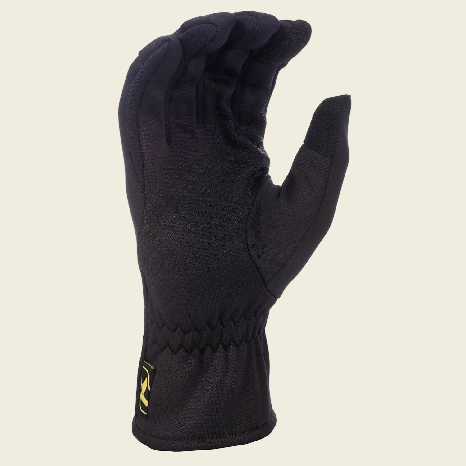 Black glove with a brand logo on a white background