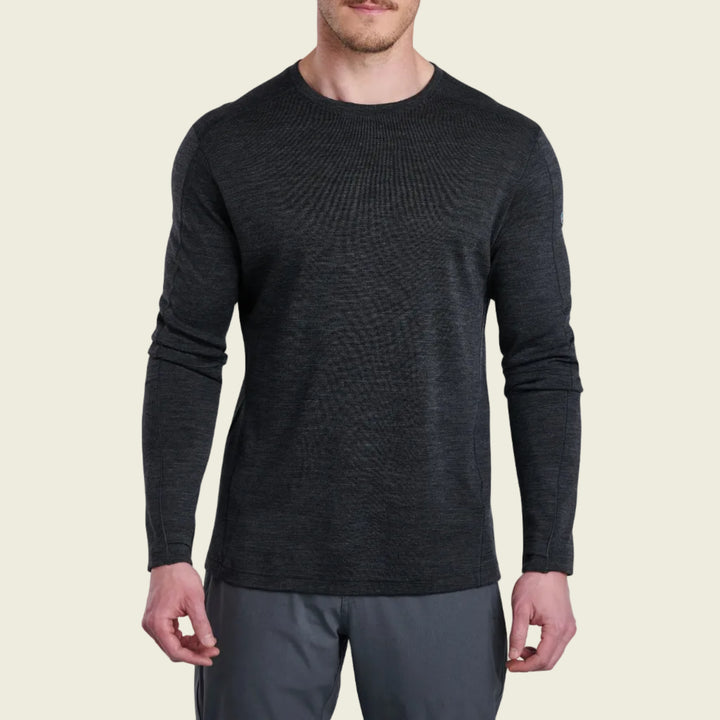 Man wearing a black long-sleeve shirt on a white background