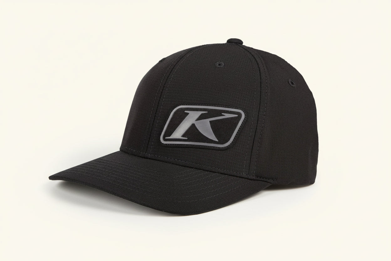 Black cap with a logo on a white background