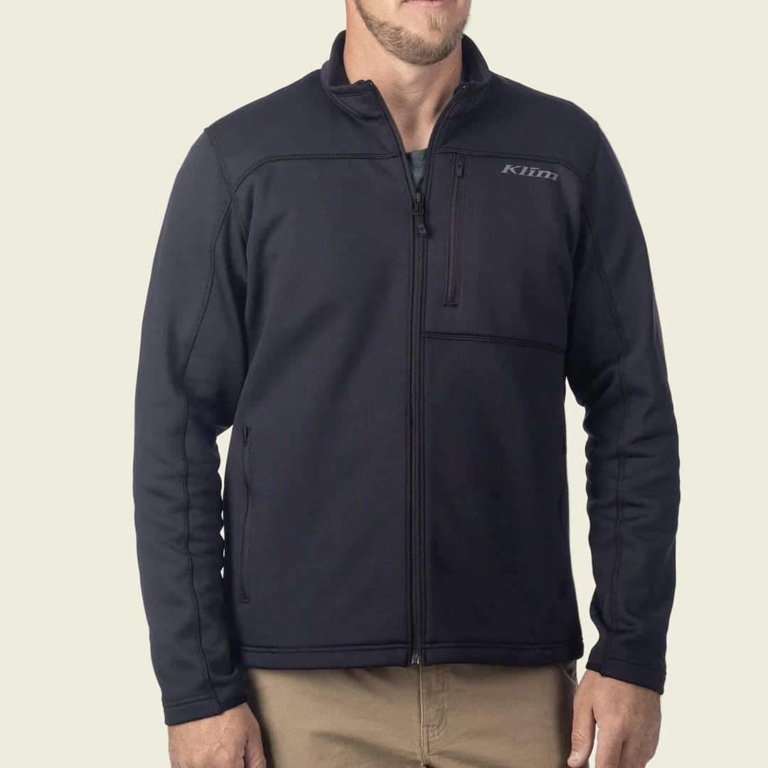 Black jacket with a brand logo on a white background