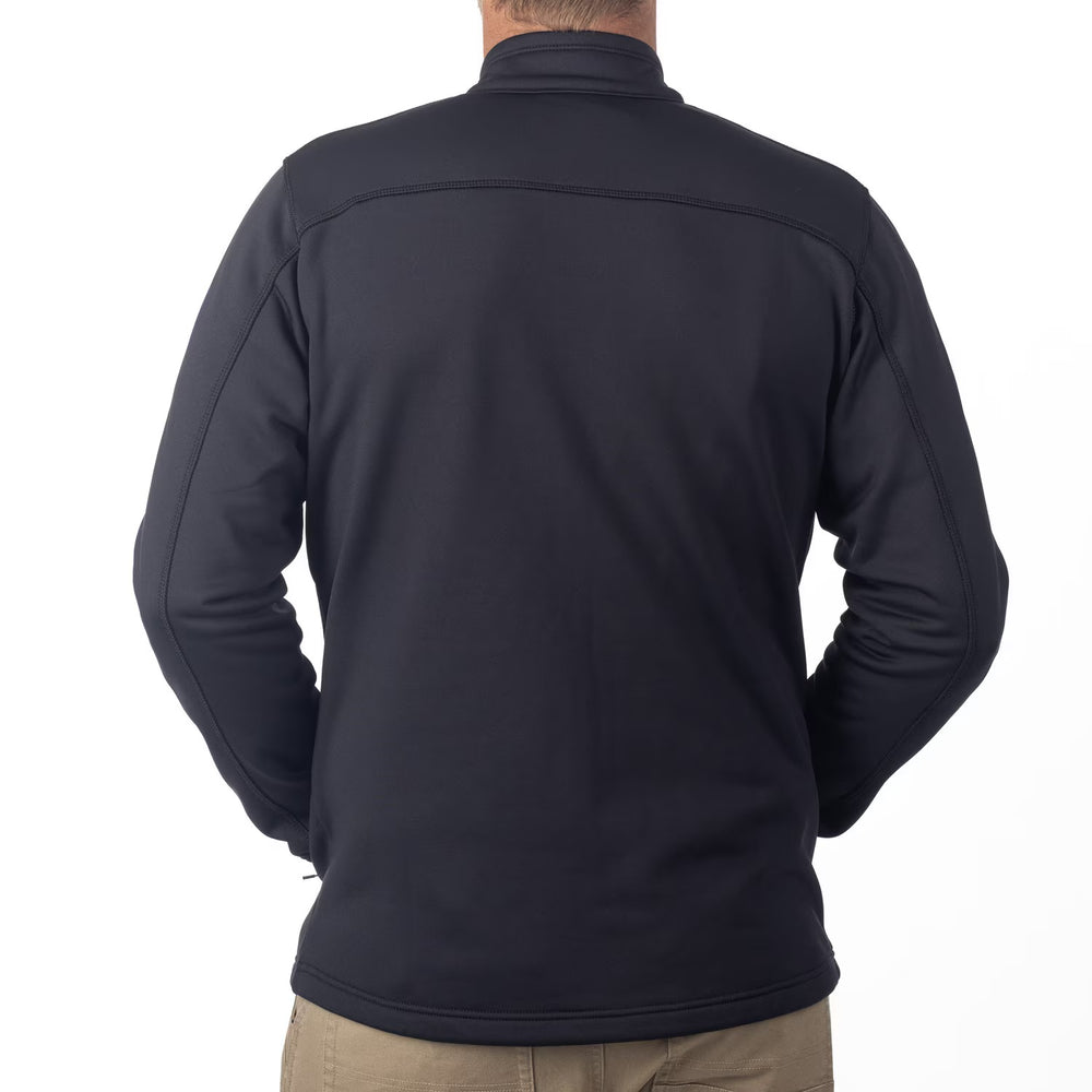 Black jacket worn by a person on a white background