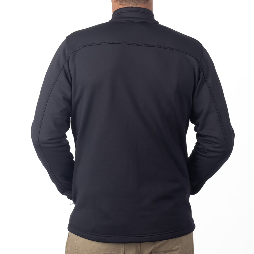 Black jacket worn by a person on a white background