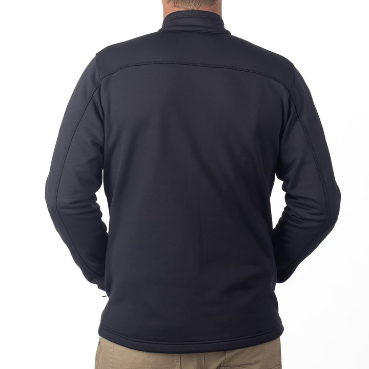 Black jacket worn by a person on a white background