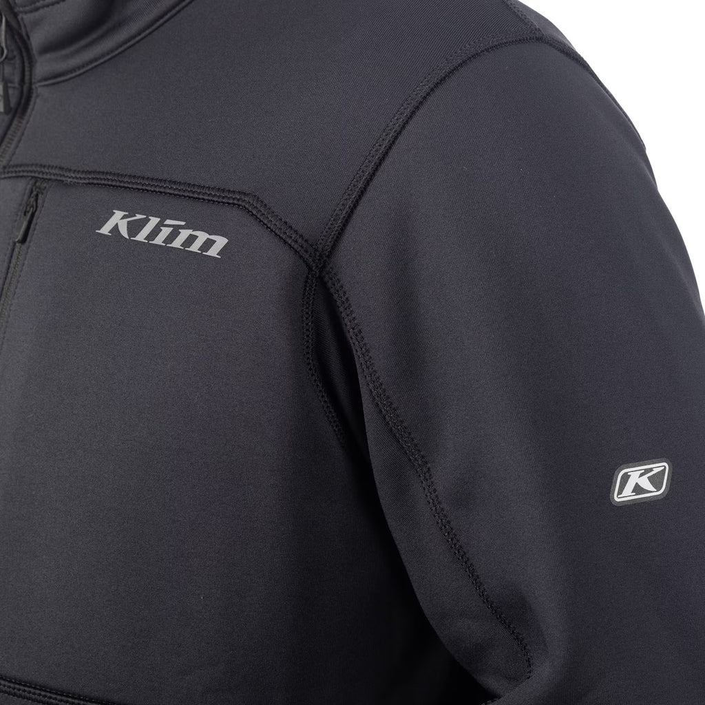 Black jacket with Klim branding on a white background