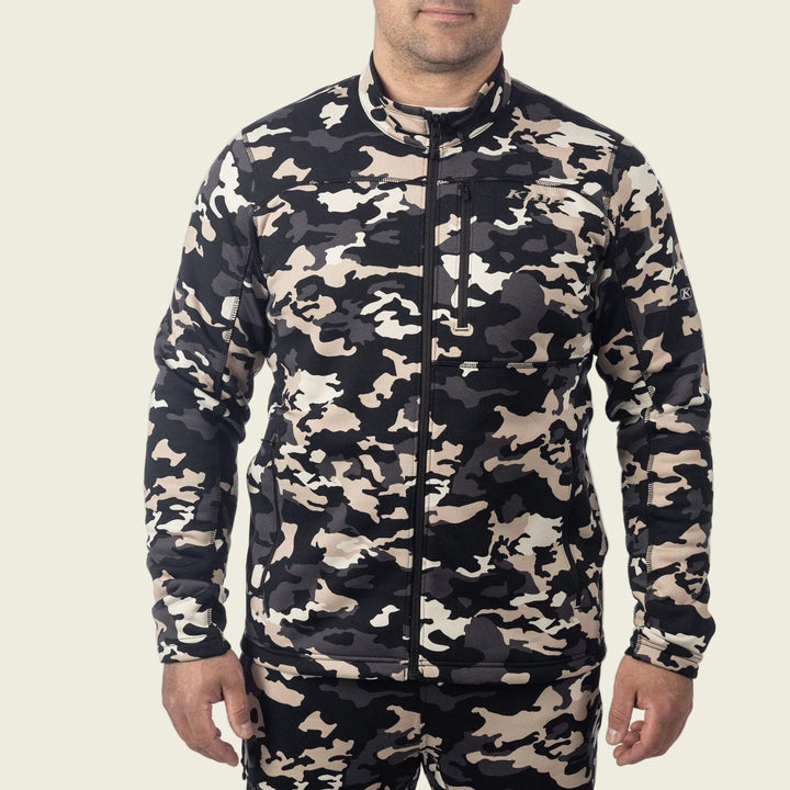 Camouflage tracksuit worn by a person on a white background
