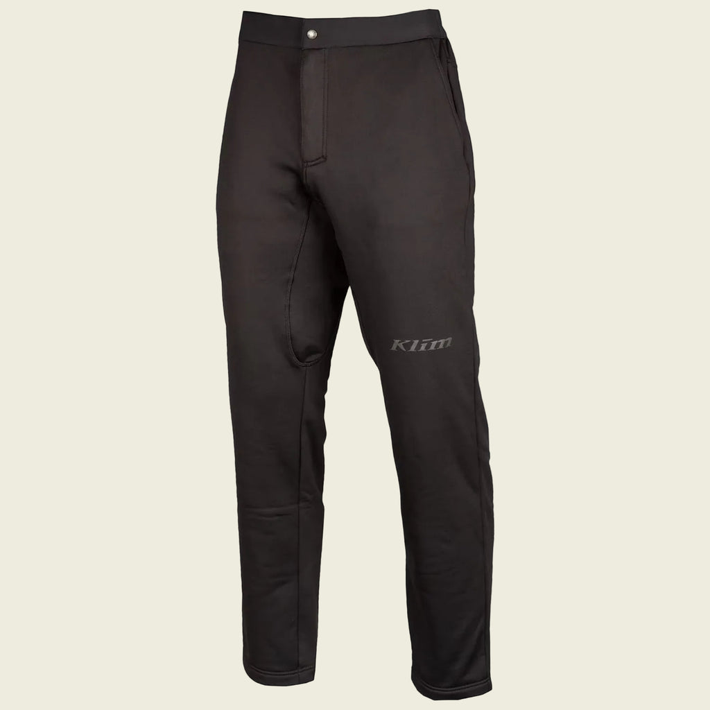 Black pants with Klim logo on a white background