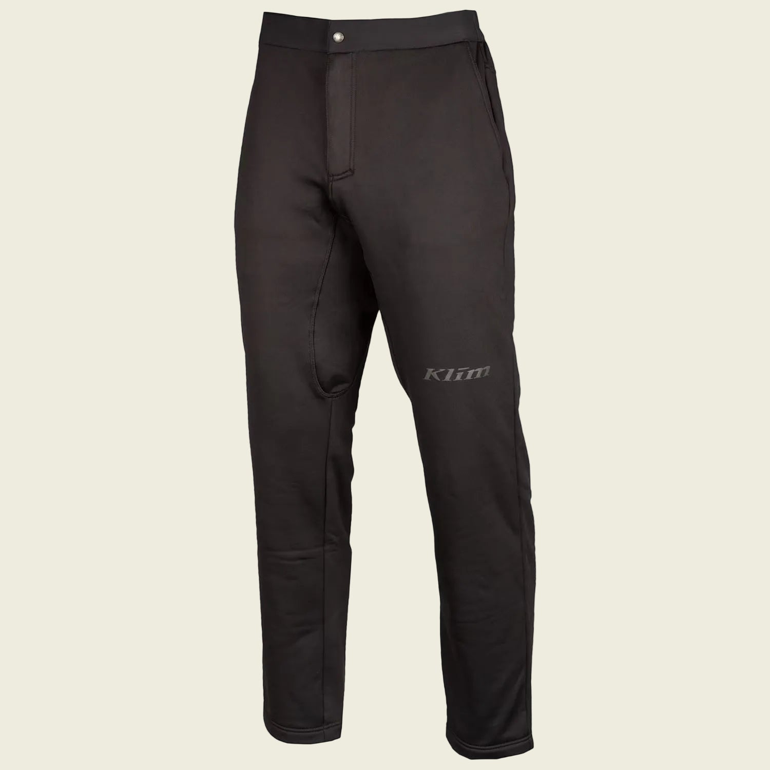 Black pants with Klim logo on a white background