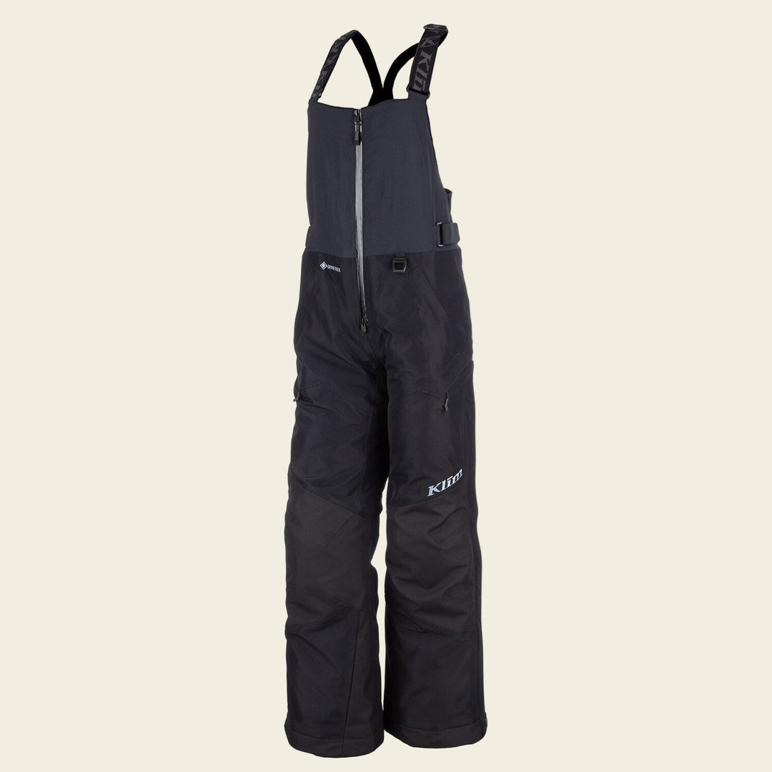 Black snow pants with bib on a white background