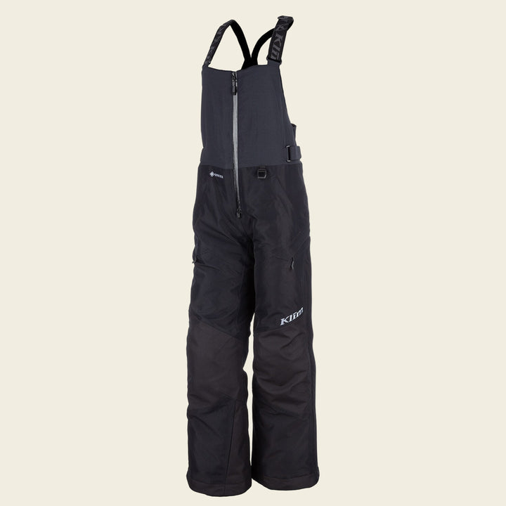 Black snow pants with bib on a white background