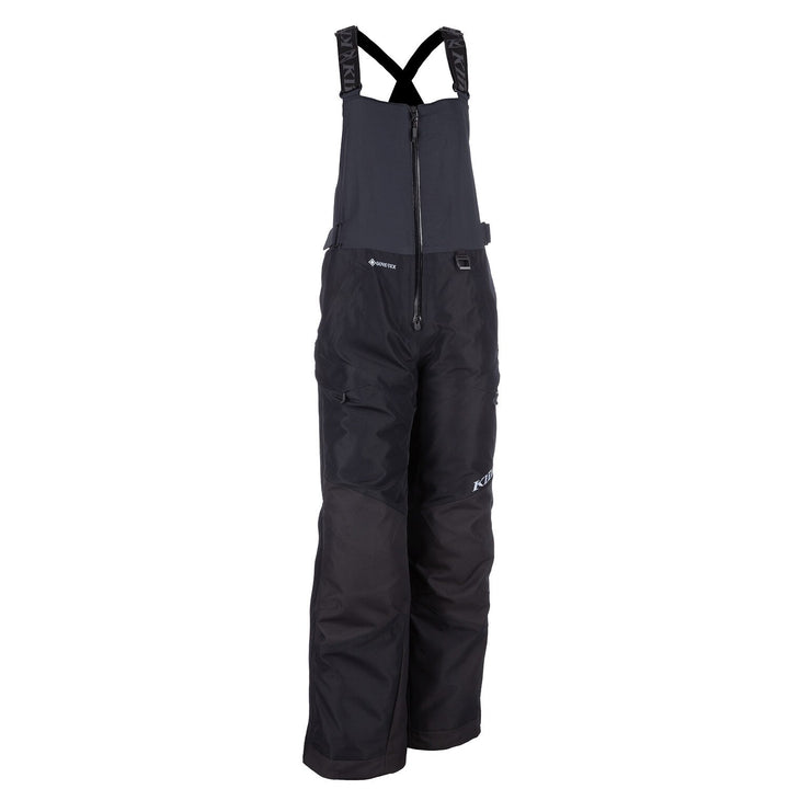 Black snow pants with suspenders on a white background