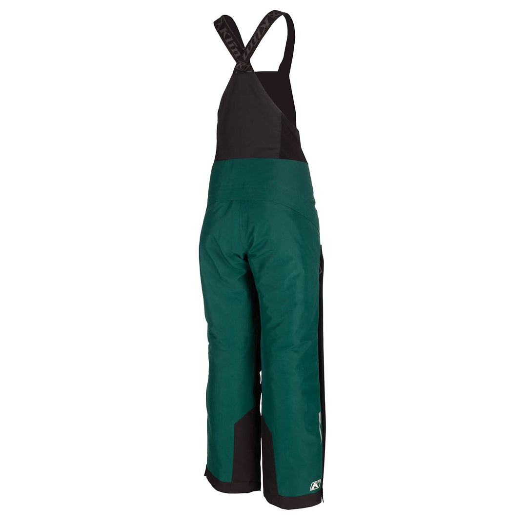 Green bib overalls with black accents on a white background