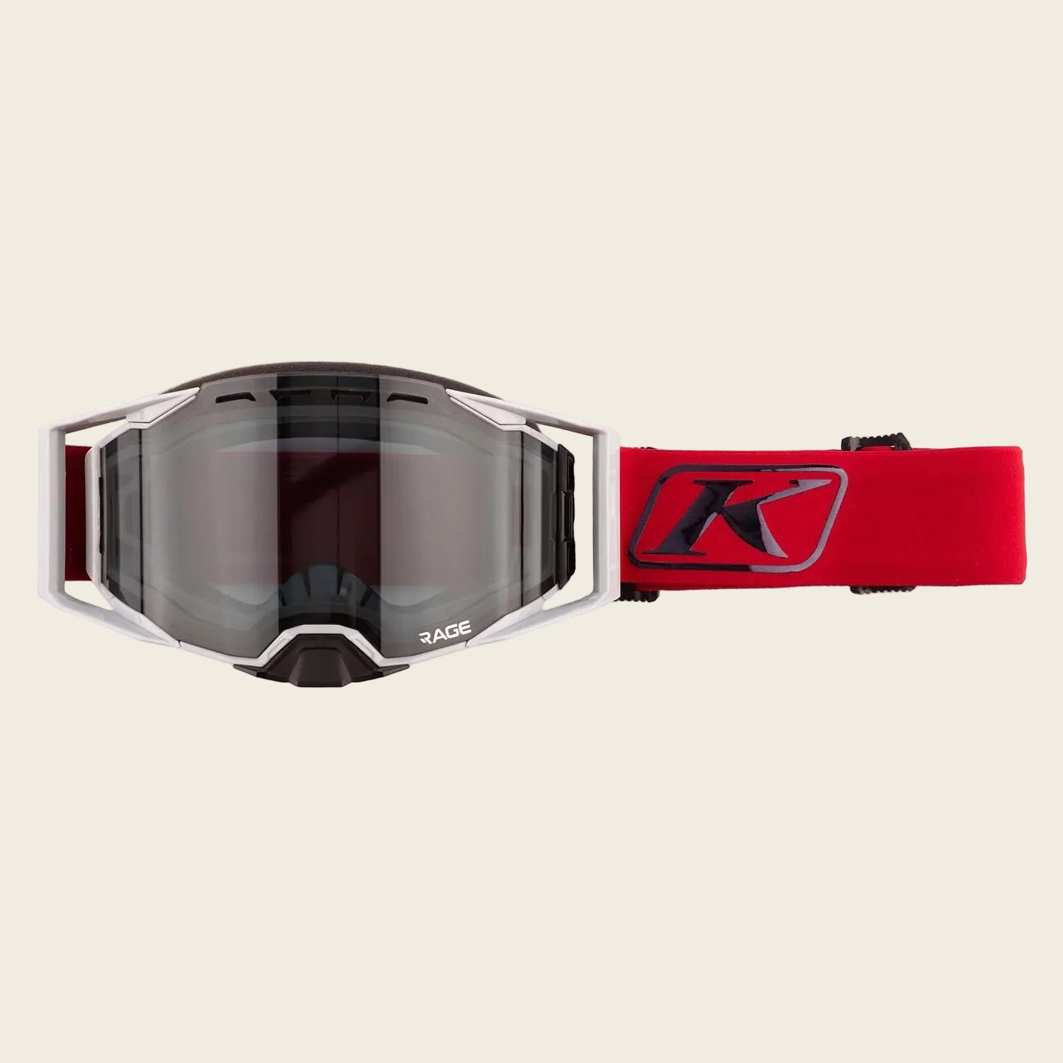 Motocross goggles with red strap featuring a logo on a white background