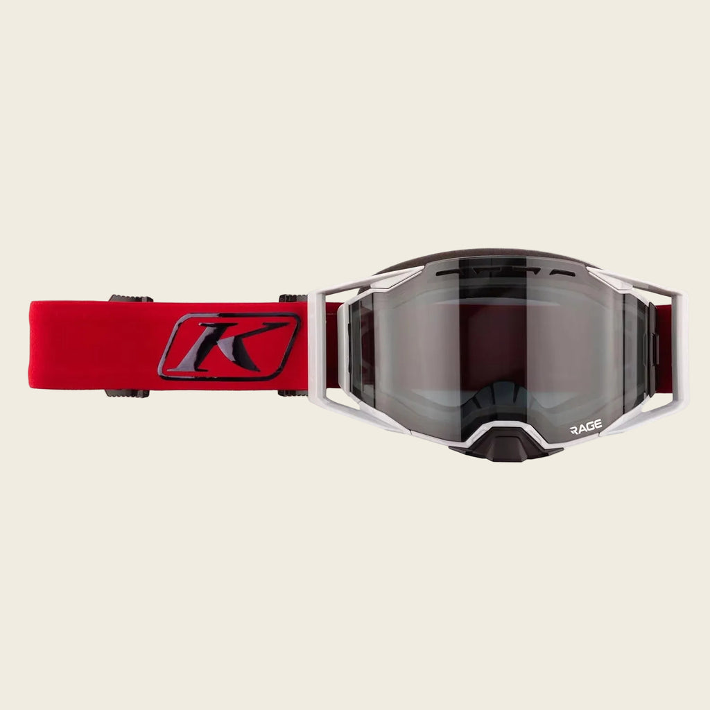 Red goggles with a logo on a white background