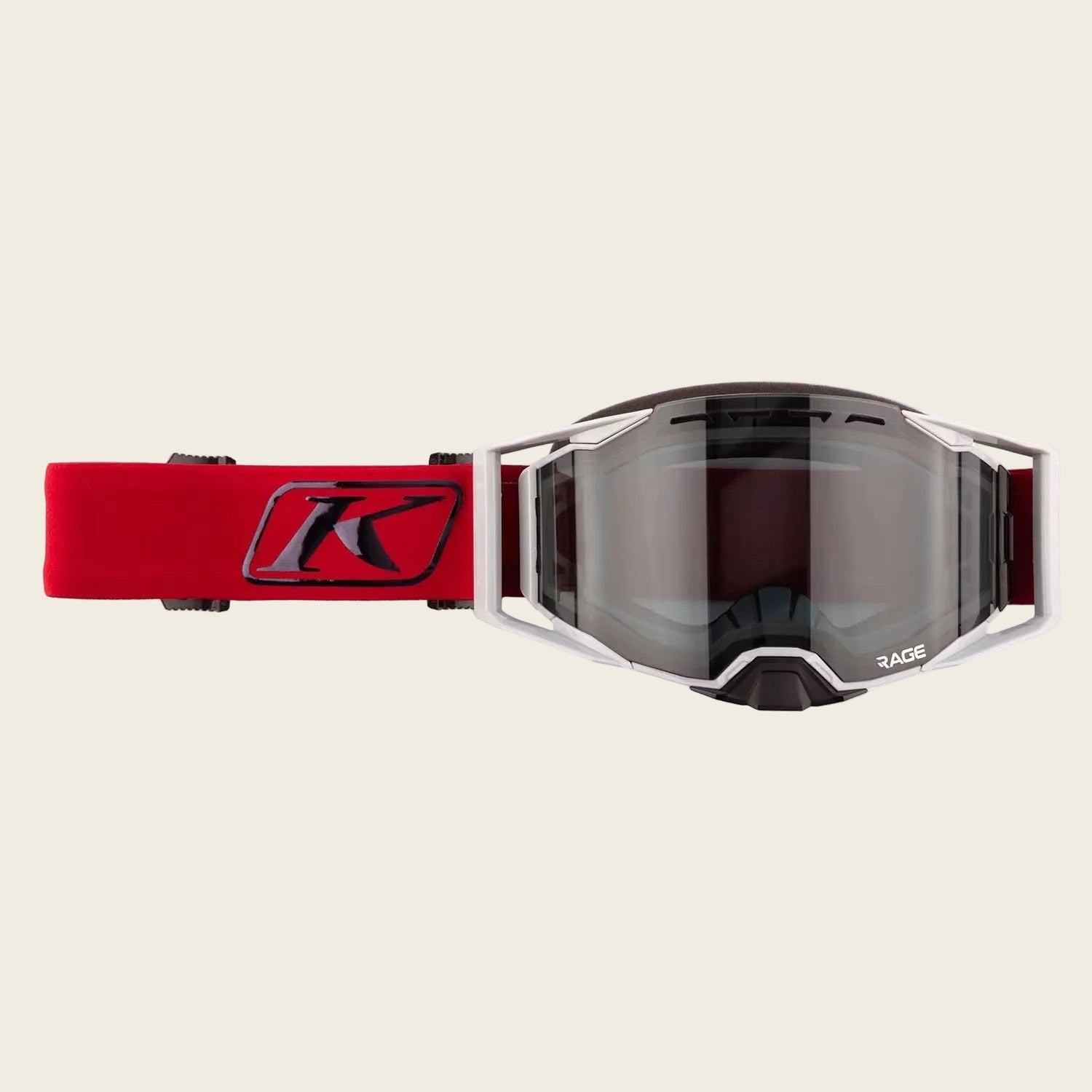 Red goggles with a logo on a white background