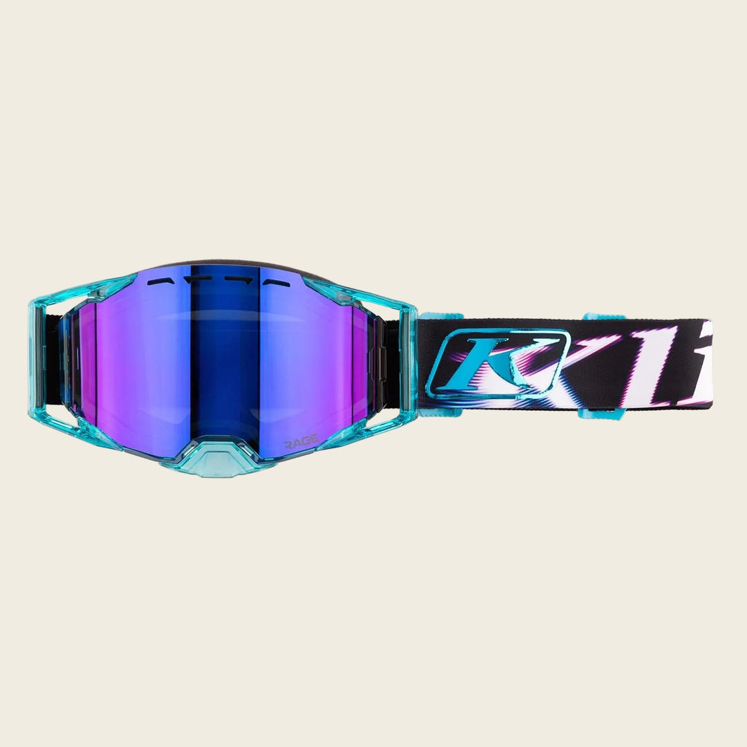 Goggles with blue mirror lens and colorful Klim logo on a white background
