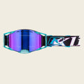 Goggles with blue mirror lens and colorful Klim logo on a white background