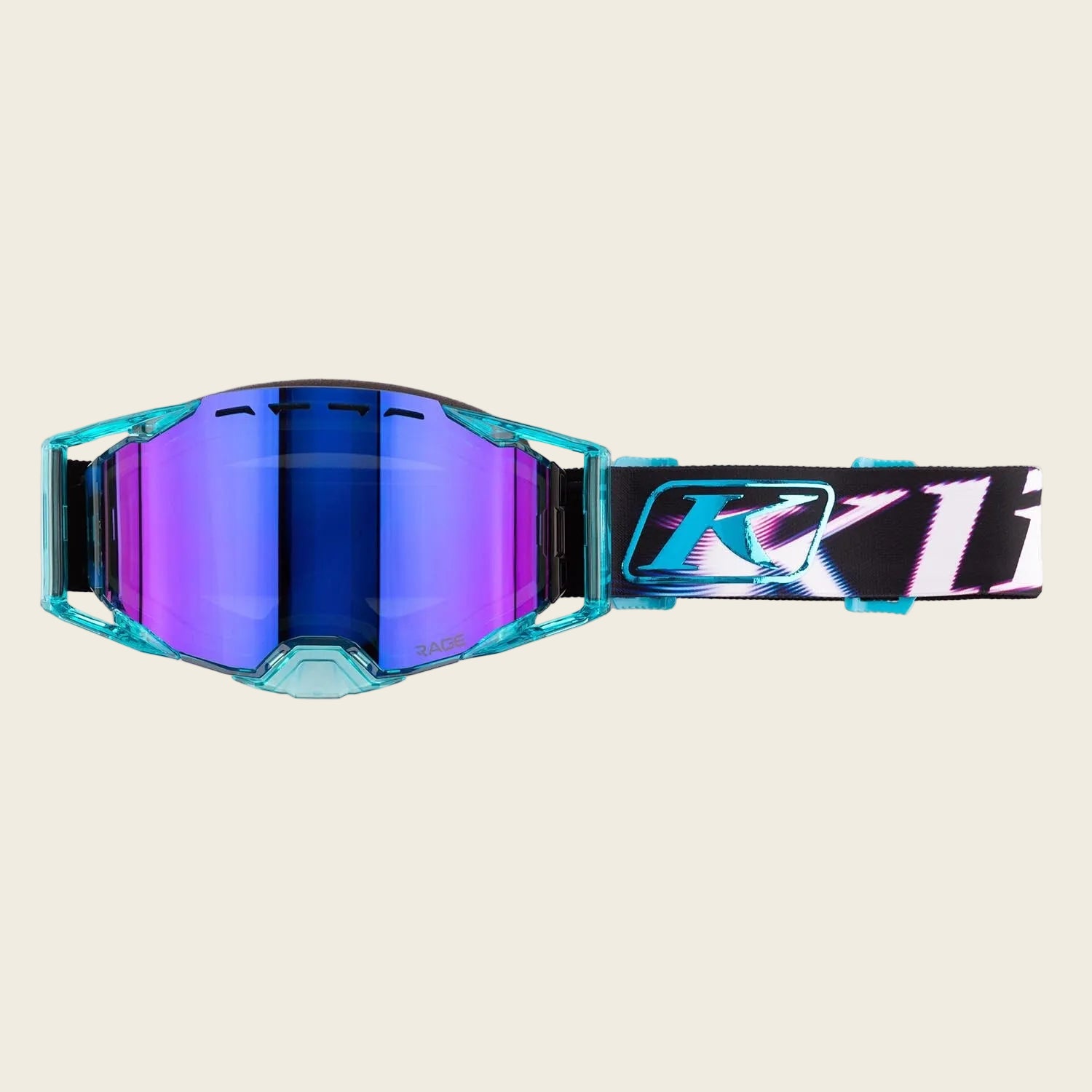 Goggles with blue mirror lens and colorful Klim logo on a white background