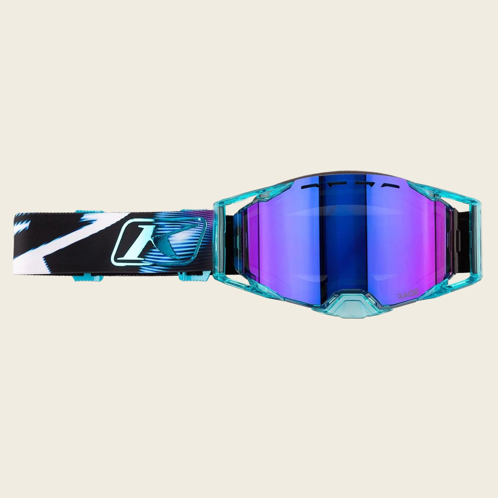 Goggles with blue and purple reflective lenses on a white background