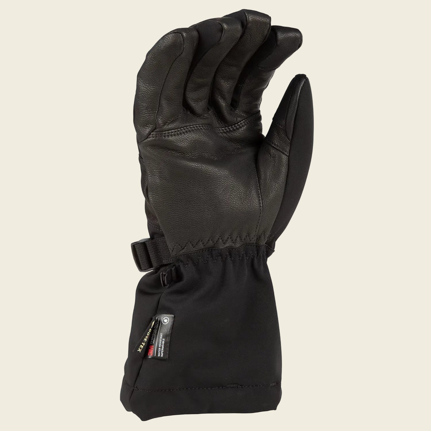 Black glove with a visible brand label on a white background