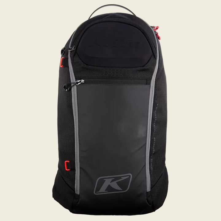 Black backpack with red accents on a white background