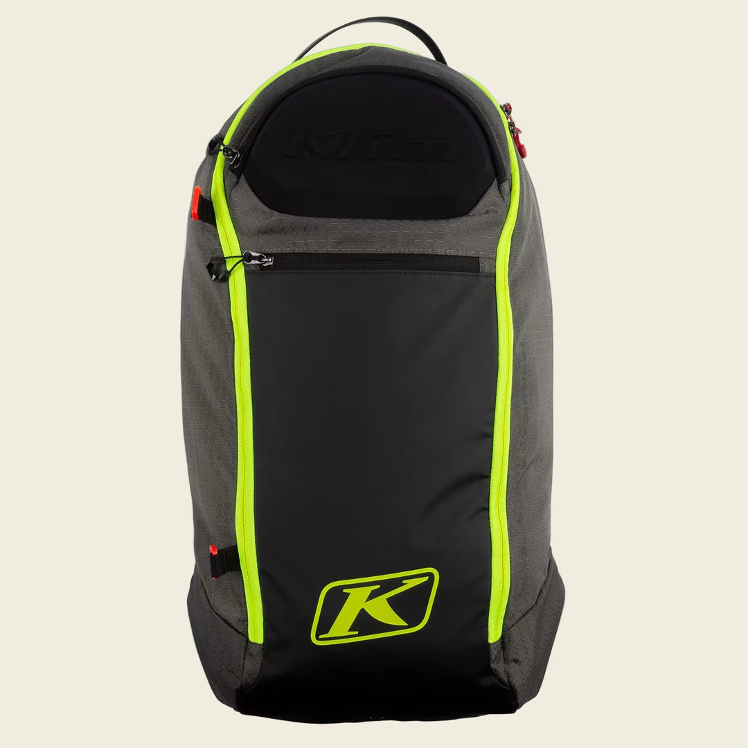 Black backpack with neon green accents and a brand logo on a white background