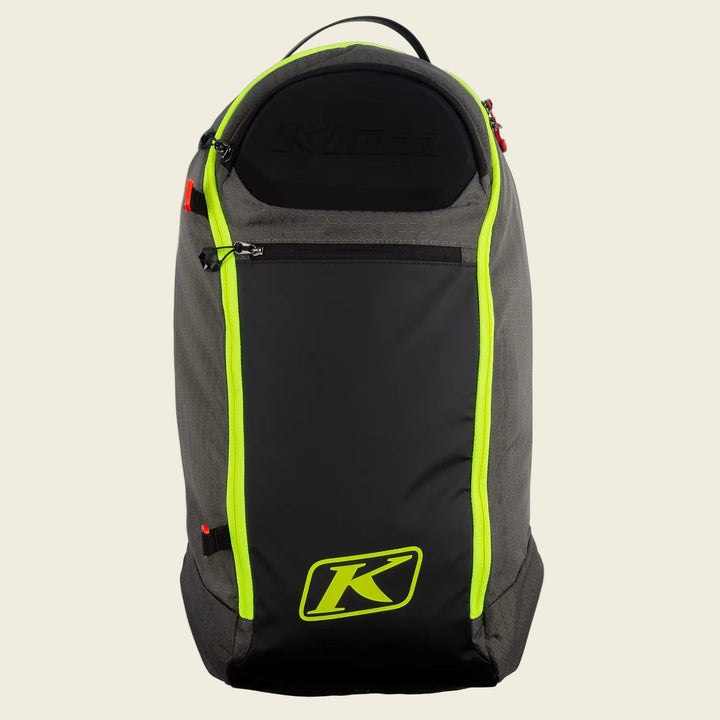 Black backpack with neon green accents and a brand logo on a white background