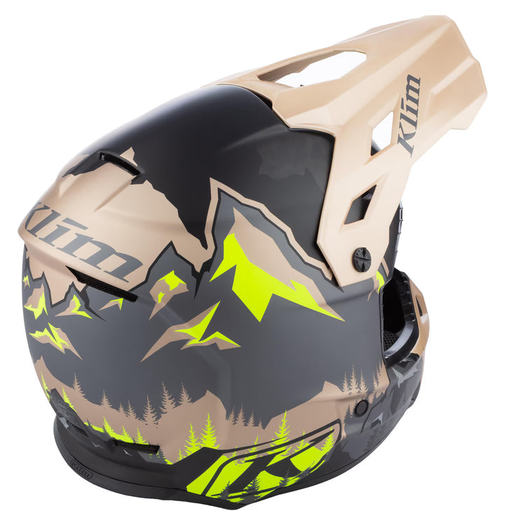 Helmet with mountain design and Klim branding on a white background