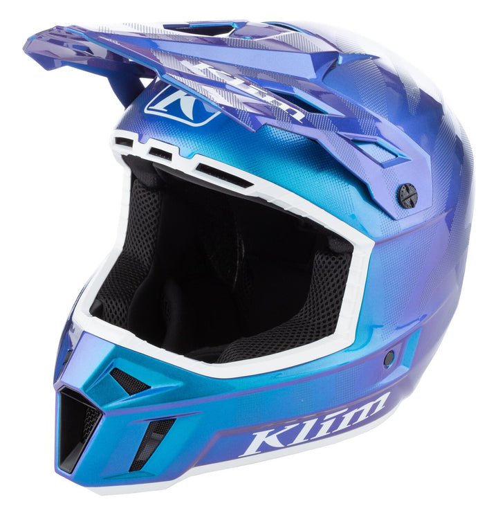 Blue motocross helmet with Klim branding on a white background