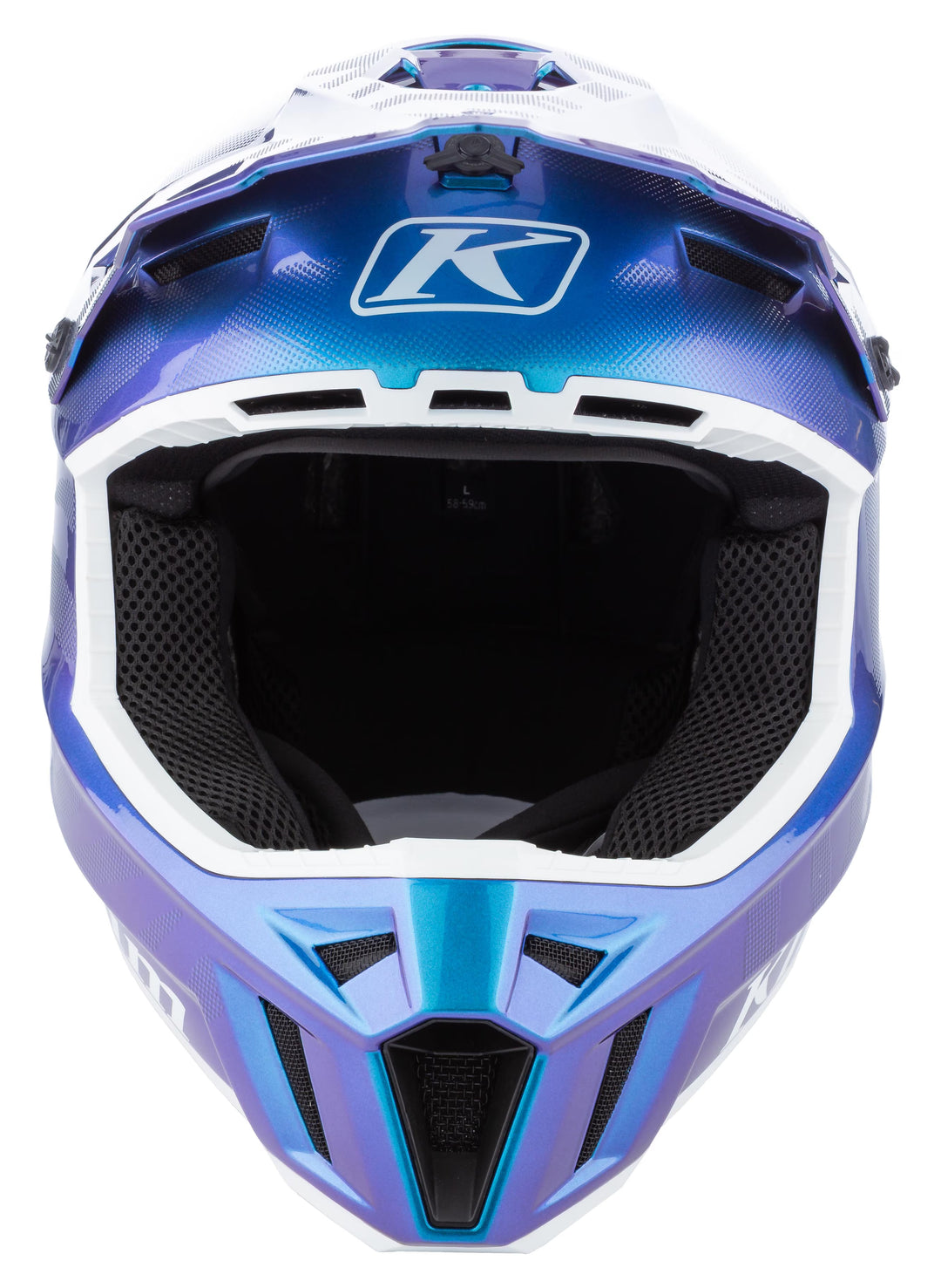 Blue and white helmet with a prominent K logo on a white background