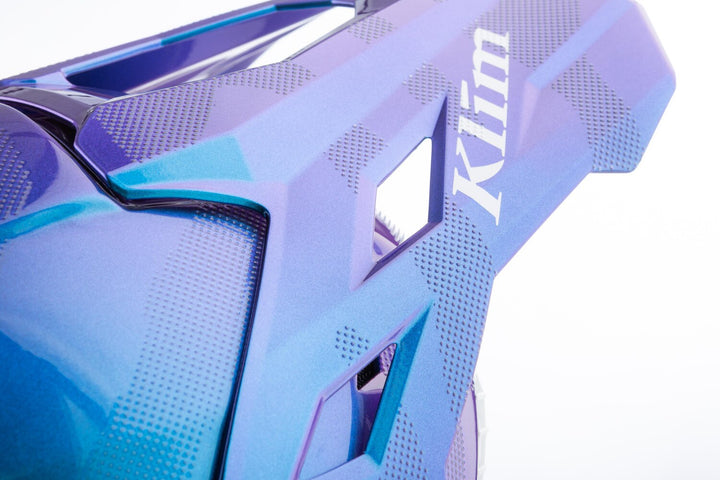 Close-up of a blue and purple gaming chair with 'Klim' branding.