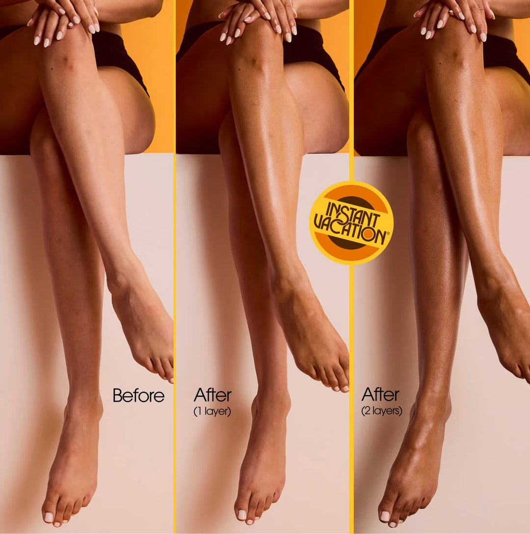 Before and after comparison of legs with 'Instant Vacation' product application on a gradient background.