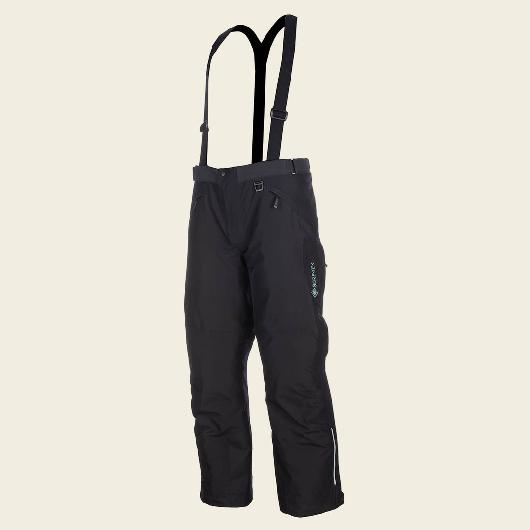 Black snow pants with suspenders on a white background