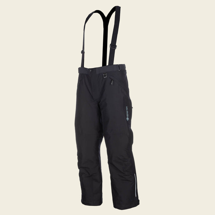Black snow pants with suspenders on a white background