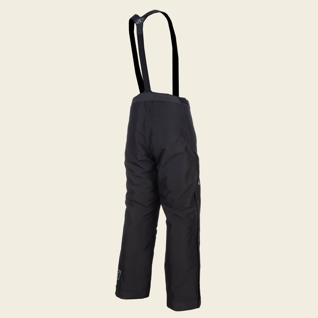 Black snow pants with suspenders on a white background