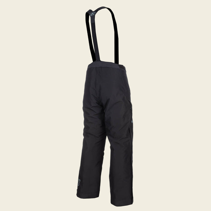 Black snow pants with suspenders on a white background