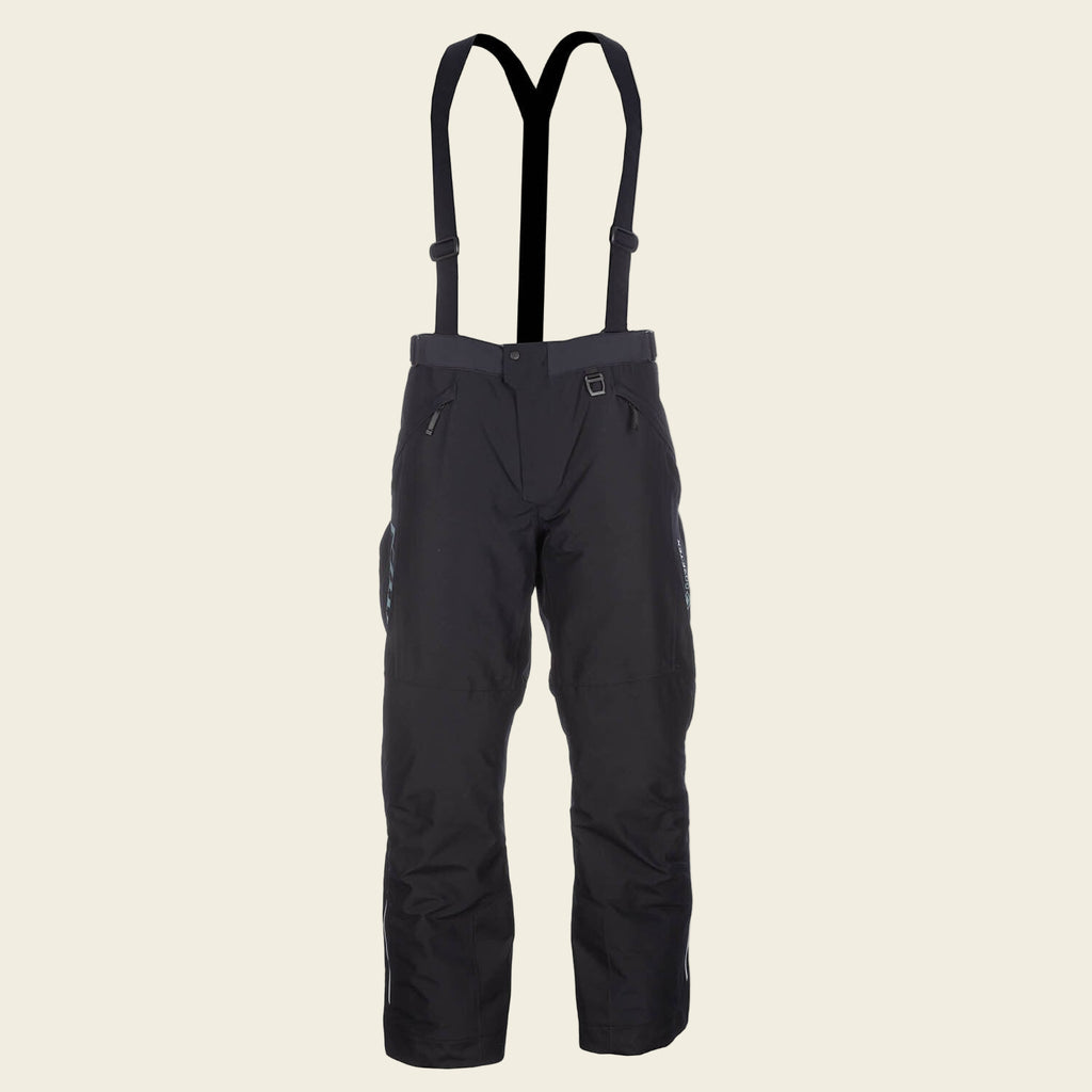 Black snow pants with suspenders on a white background