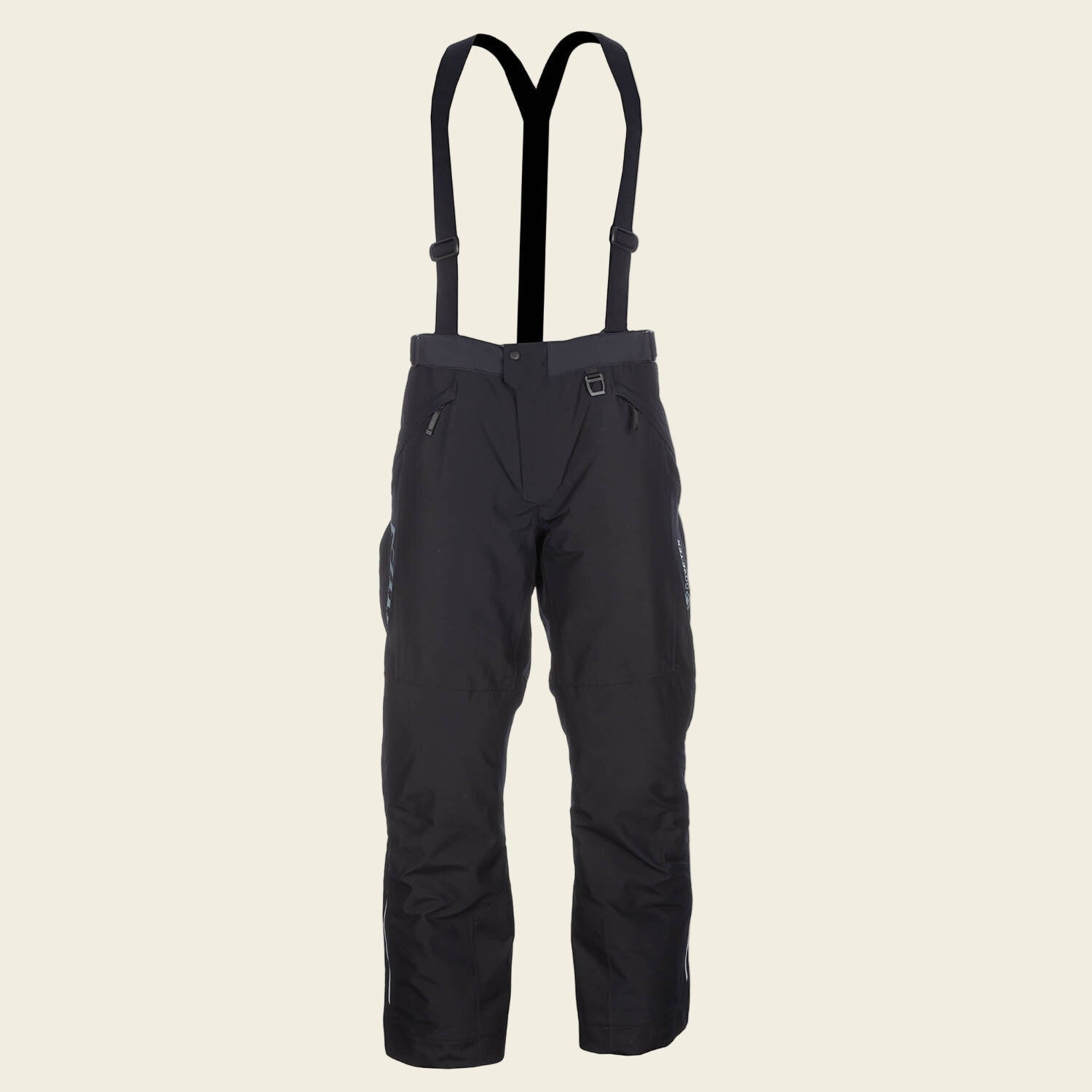 Black snow pants with suspenders on a white background
