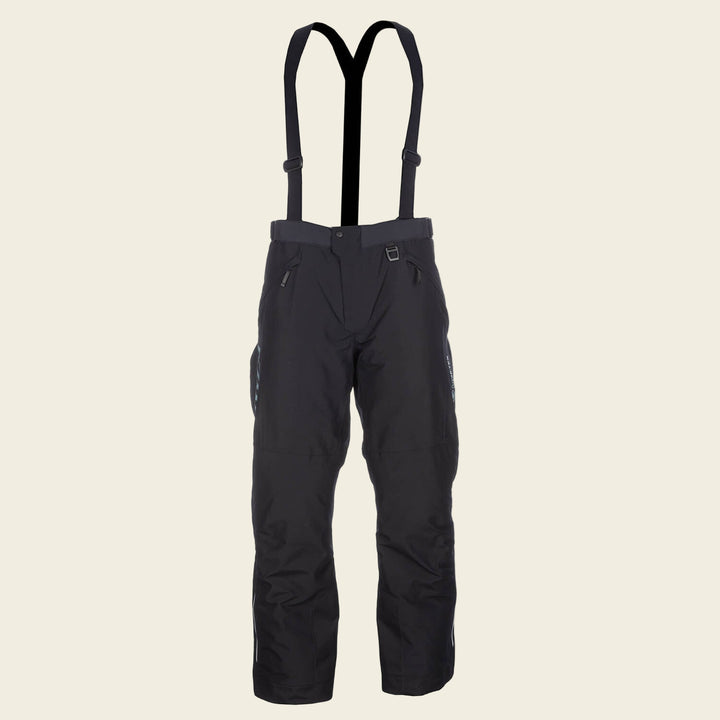 Black snow pants with suspenders on a white background
