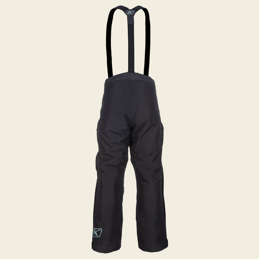 Black snow pants with suspenders on a white background