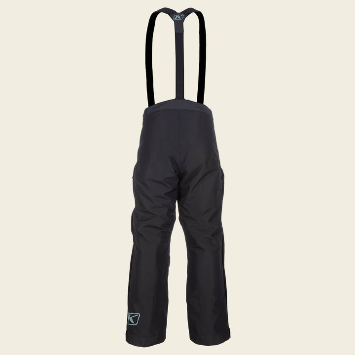 Black snow pants with suspenders on a white background