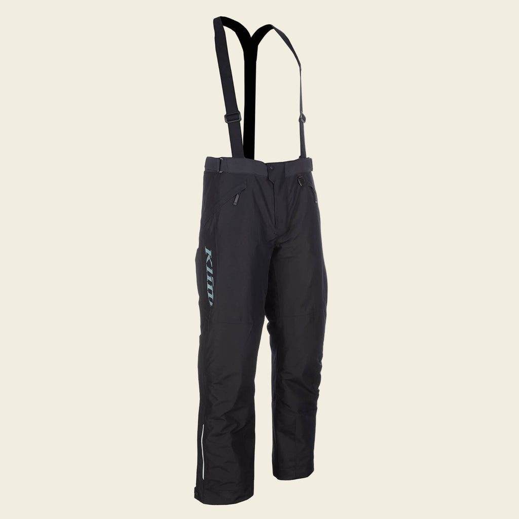 Black snow pants with suspenders on a white background