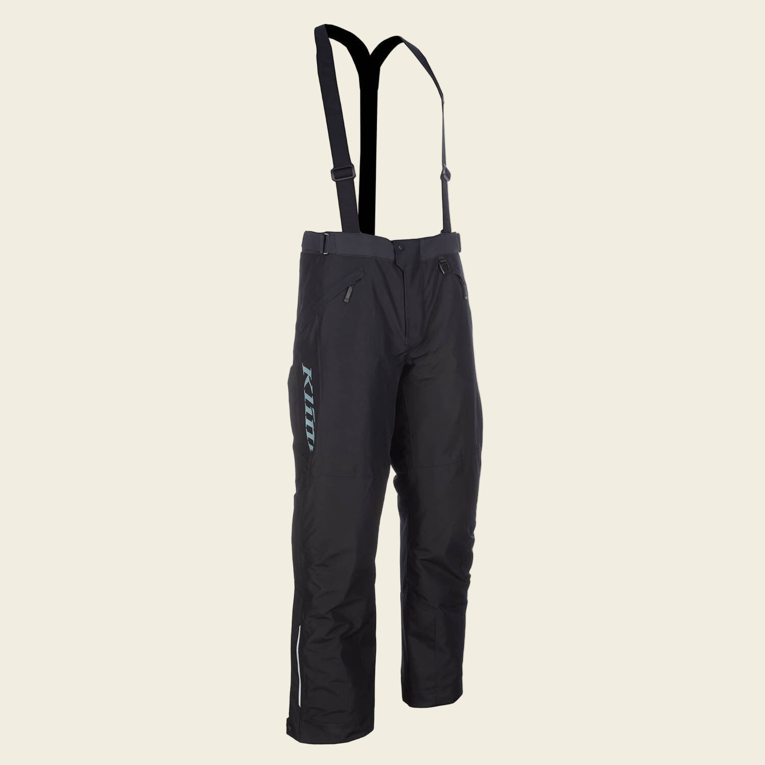 Black snow pants with suspenders on a white background