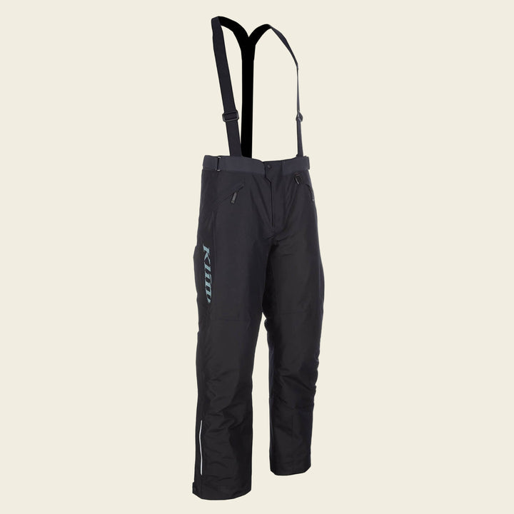 Black snow pants with suspenders on a white background