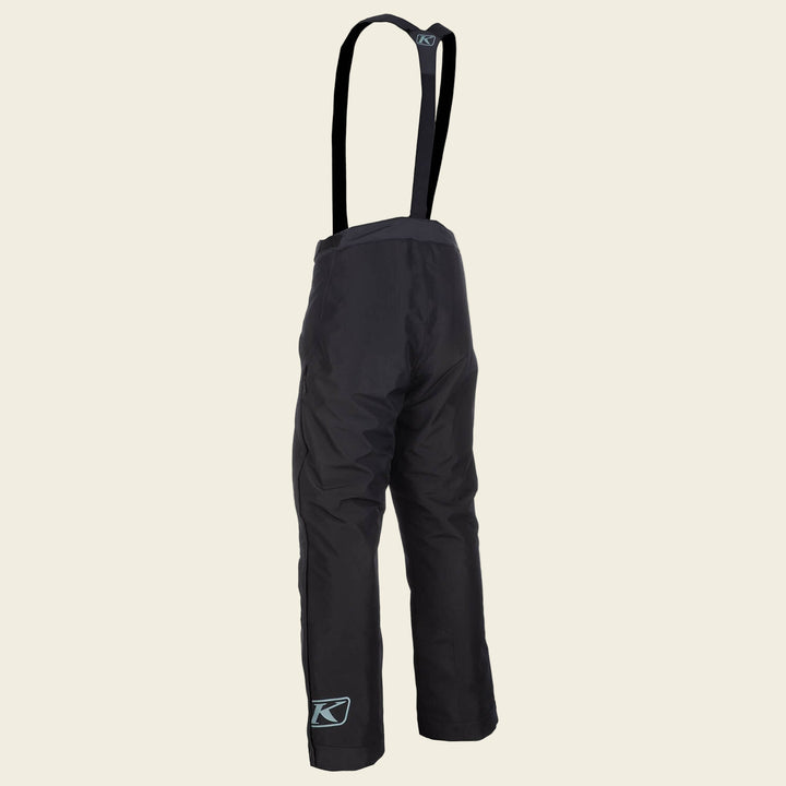 Black snow pants with suspenders on a white background