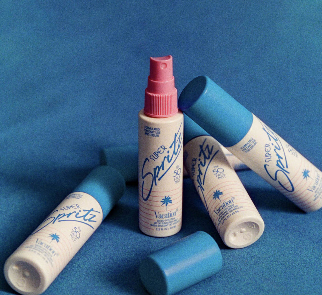 Super Sprite bottles with blue and pink design on a blue background