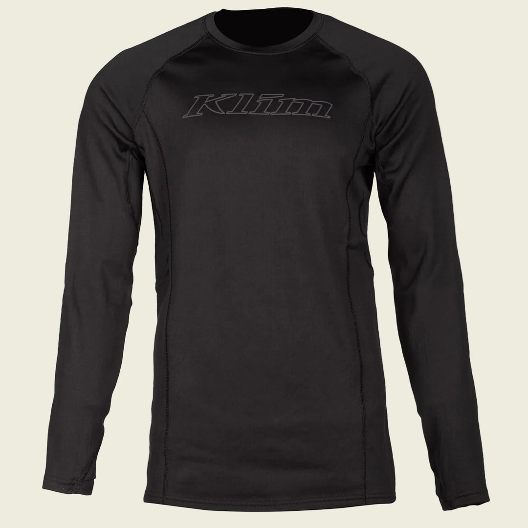 Black long-sleeve shirt with 'Klim' logo on a white background