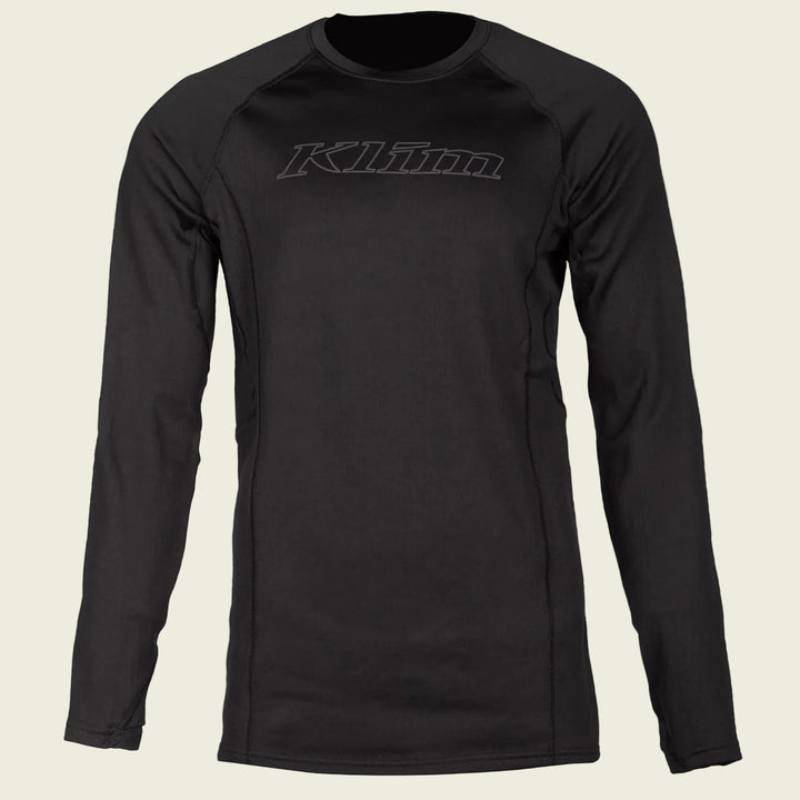 Black long-sleeve shirt with 'Klim' logo on a white background