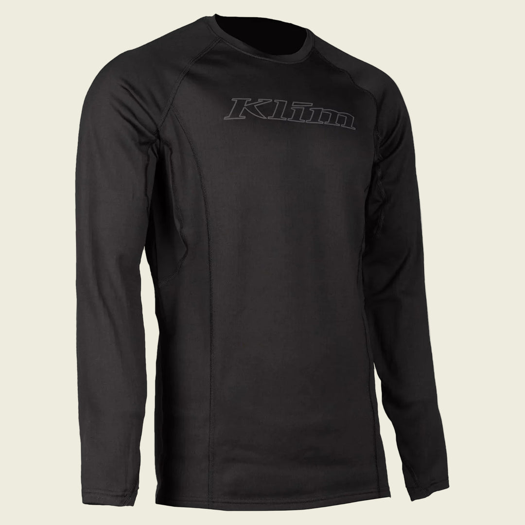 Black long-sleeve shirt with 'Klim' logo on a white background