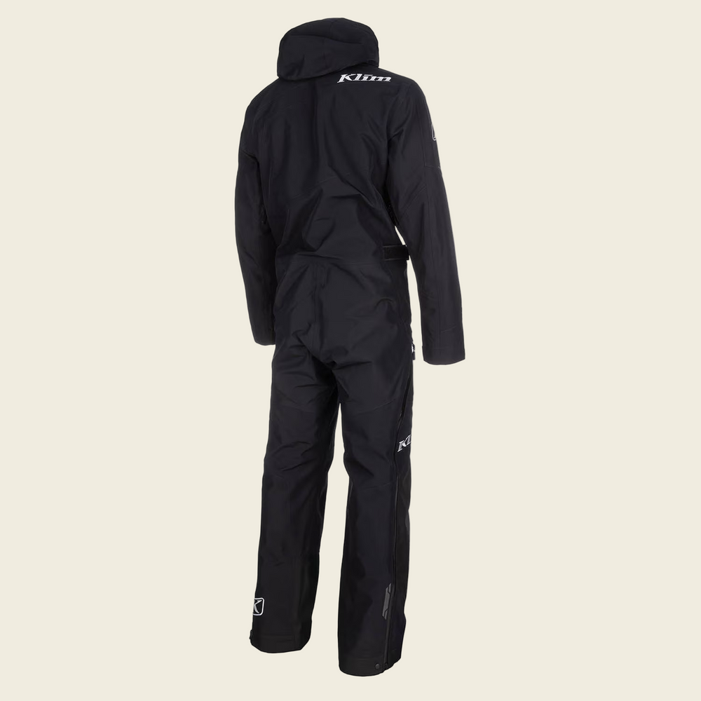 Black rain suit with Klim branding on a white background